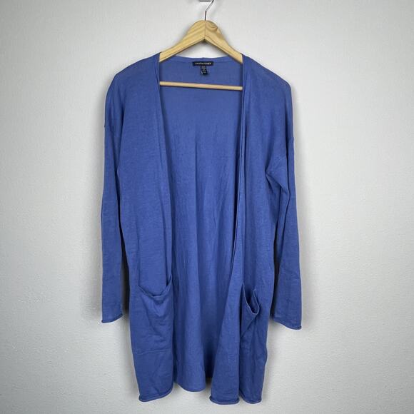 Eileen Fisher Blue Knit Open Front Cardigan Size XS Long Line Organic Linen Cott - Picture 1 of 5